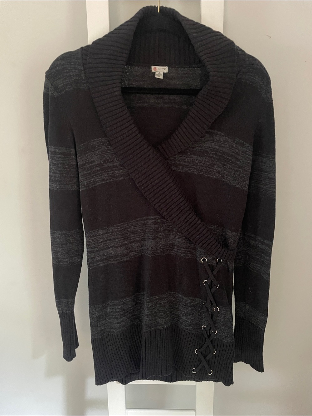 Guess Black and Gray Shawl Collar Lace-Up Stripe Cardigan